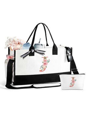 Monogram J Floral Tote Bag Cosmetic Pouch Set Shoulder Strap White Black Travel